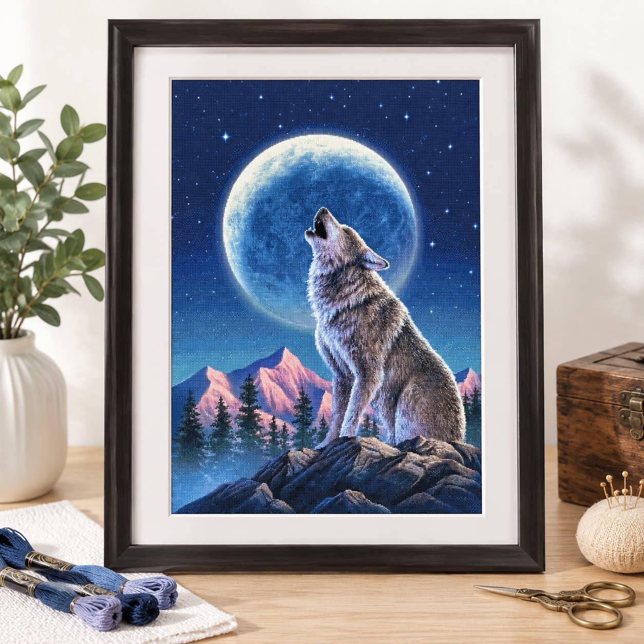 [ZZ9252-Lone Wolf Under the Mo - Cross Stitch Stamped Kits Beginners avis et prix